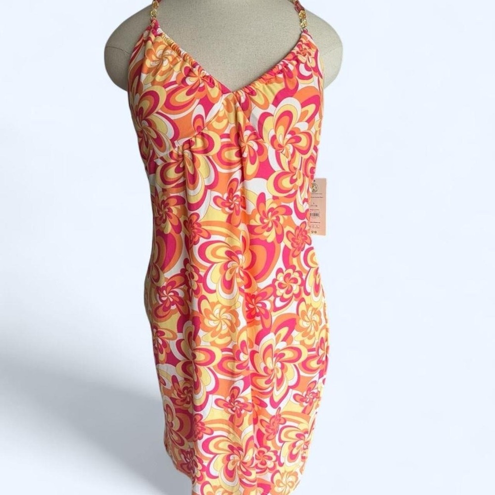 No Boundaries Womens Pink Orange Floral Halter Dress Retro Psychedelic Beaded L